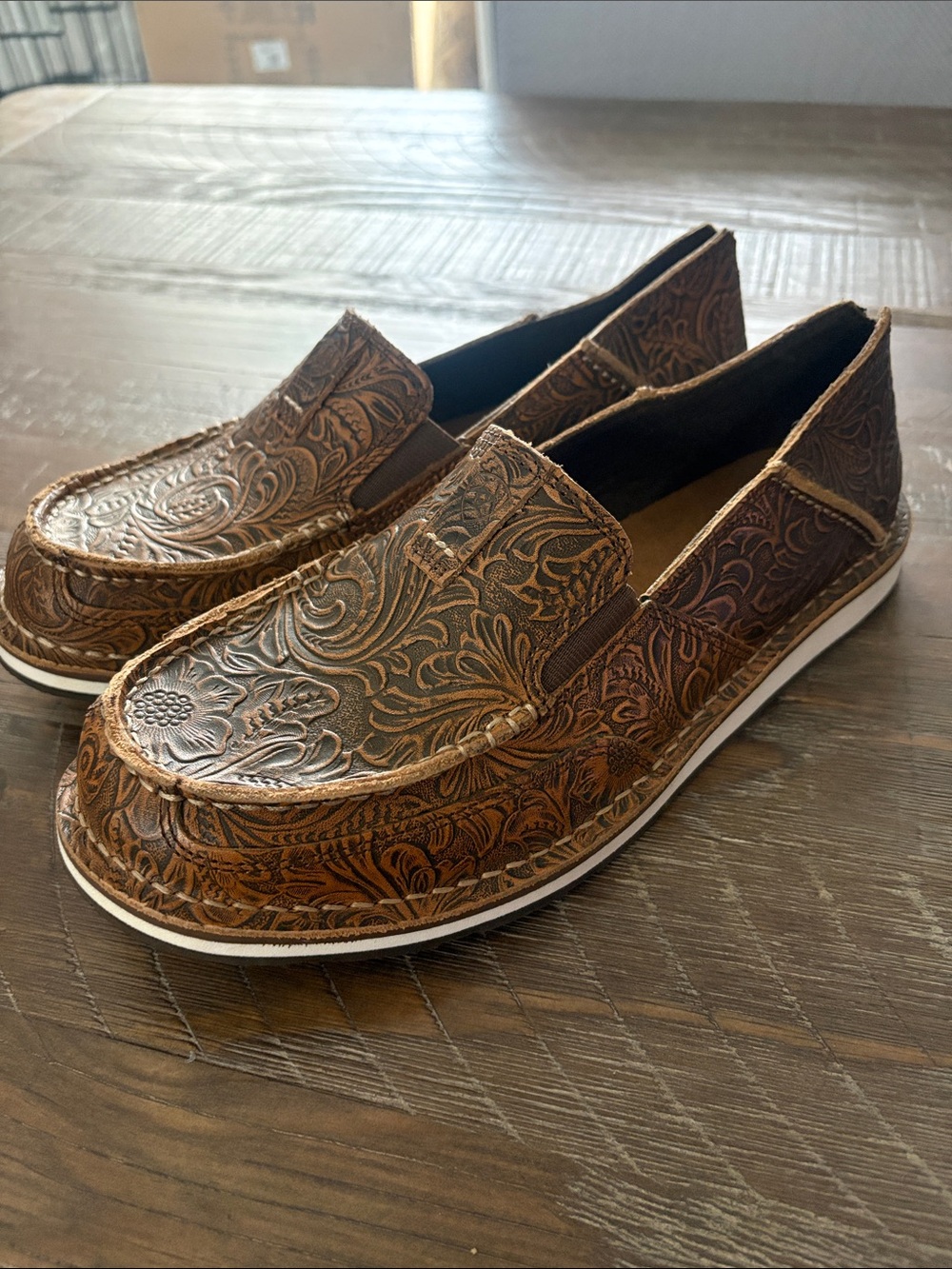 Ariat Brown Floral-Embossed Slip-On Loafers for Men